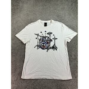 VINTAGE Lucky Brand Shirt Mens Medium Beige Drum Kit Drummer Classic Fit READ
